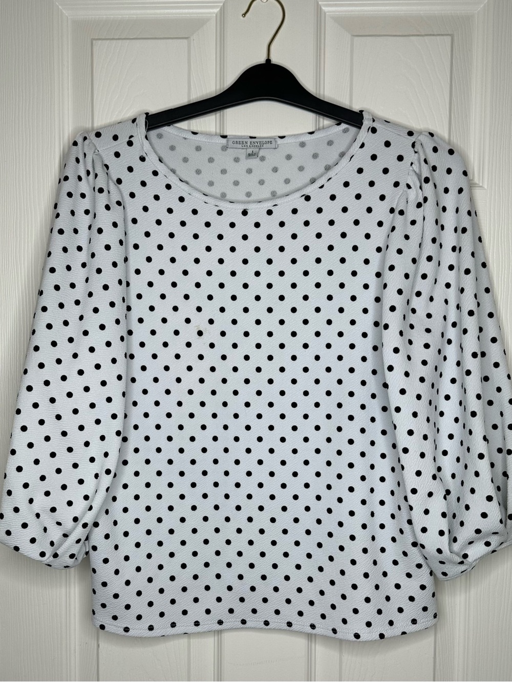 Green Envelope White Blouse with Black Polka Dots Size Large Woman’s
